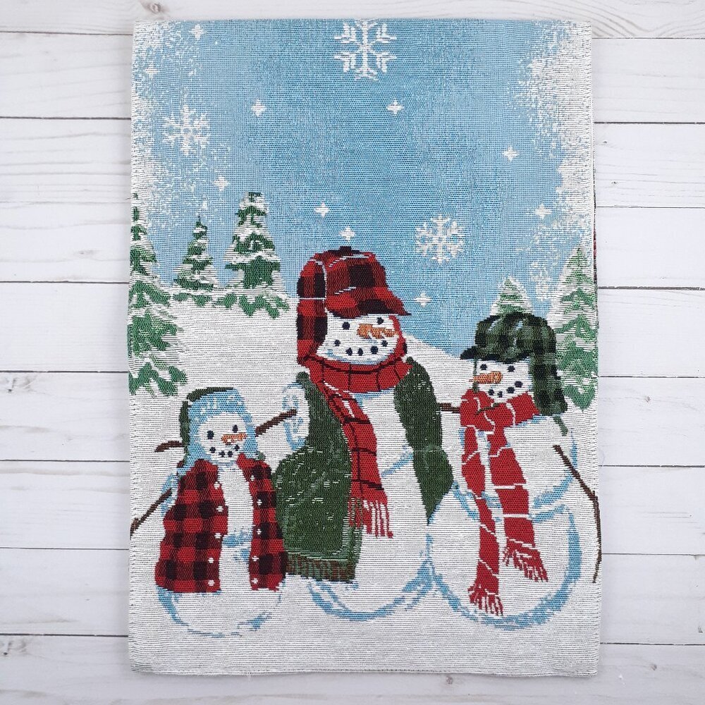 Holiday Tapestry Table Runner 13x36 Winter Snowman Family